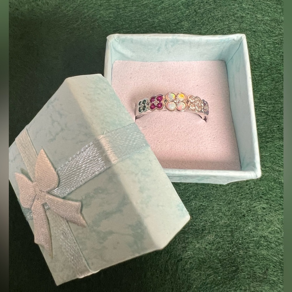 Sterling Silver ADORE Message Ring with simulated opal and Diamonique gemstones - Picture 10 of 14